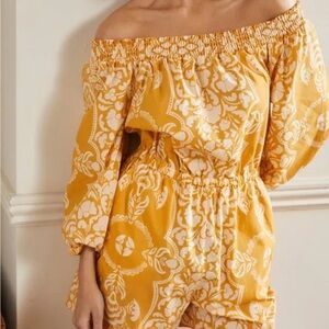 Boden Off-Shoulder Jumpsuit in Yellow and White